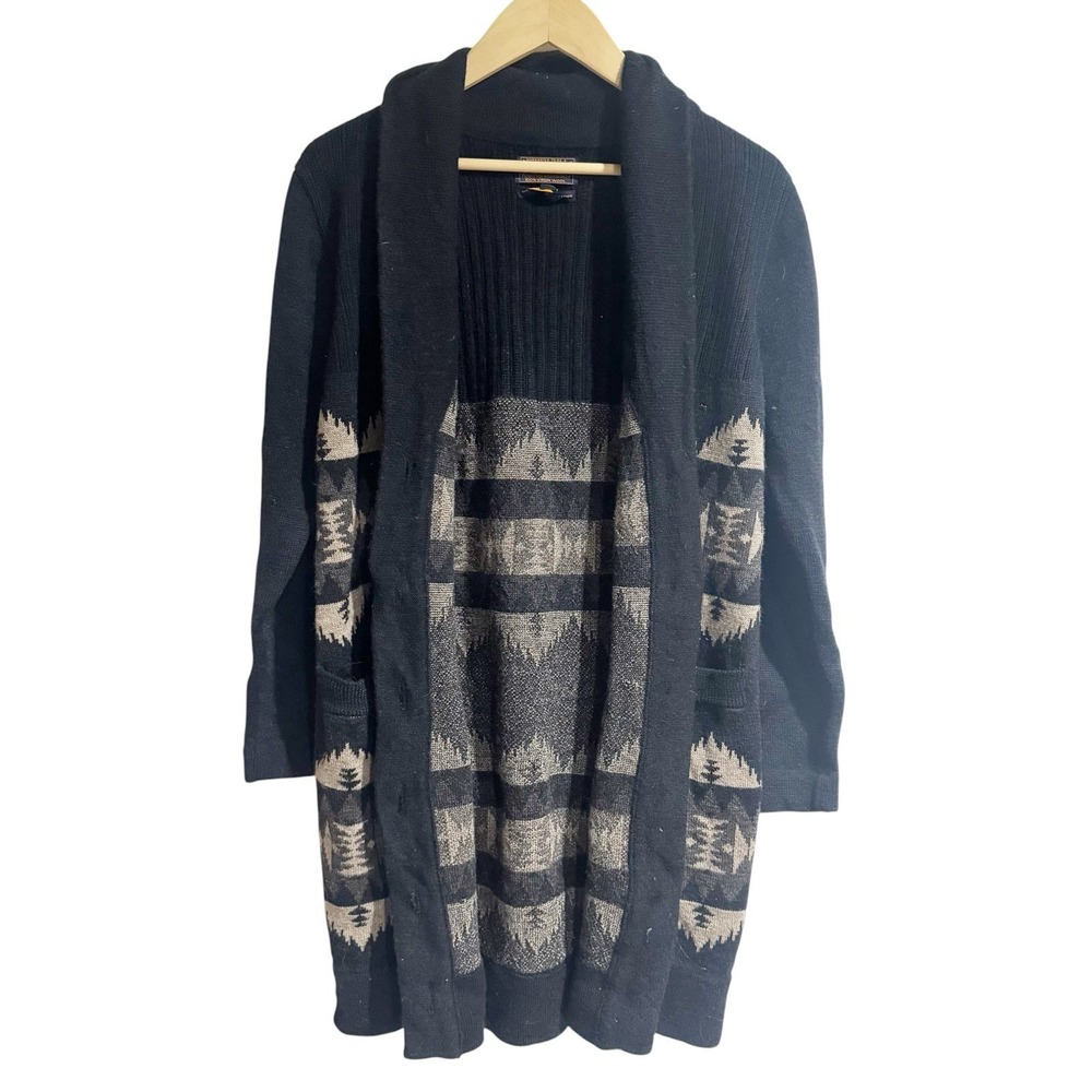 Pendleton Women Small Black Long Button Down Cardigan Wool Aztec Print Pockets - Picture 2 of 6